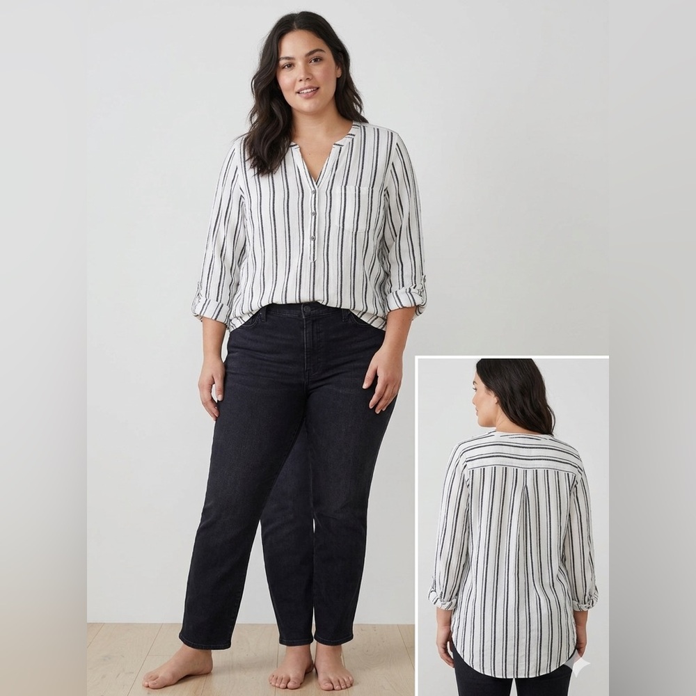 Lucky Brand‎ Plus Size 1X Striped Linen Blend Henley Tunic Top